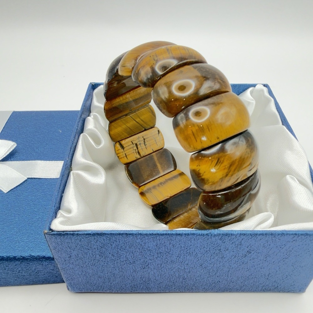 VTG Estate Chunky Tiger's Eye Bracelet Panel Stretch Heavy Statement